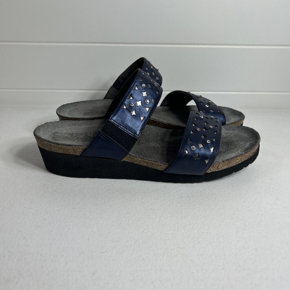 Naot Sandals Women's Size 8 Blue Wedge Slide Rhinestones Straps Comfort
